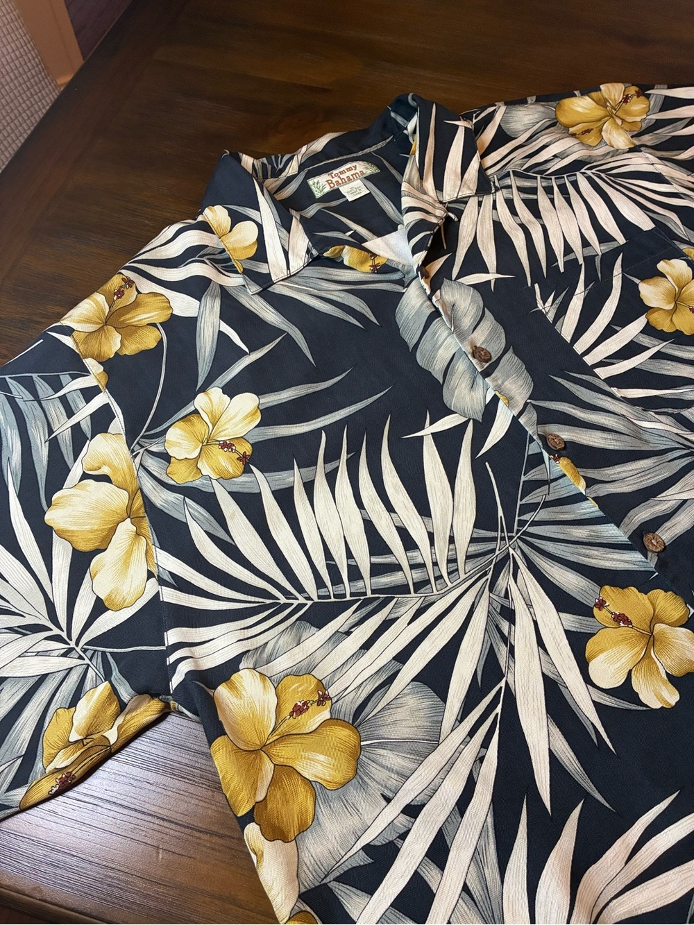 Tommy Bahama Black Camp Shirt with Yellow Hibiscus and Cream Palm Leaves